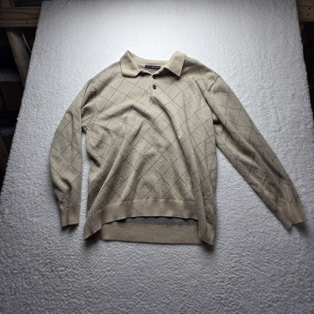 Greg Norman Sweater Mens 2XL Beige Argyle Long Sleeve Polo Knit Pullover Golf